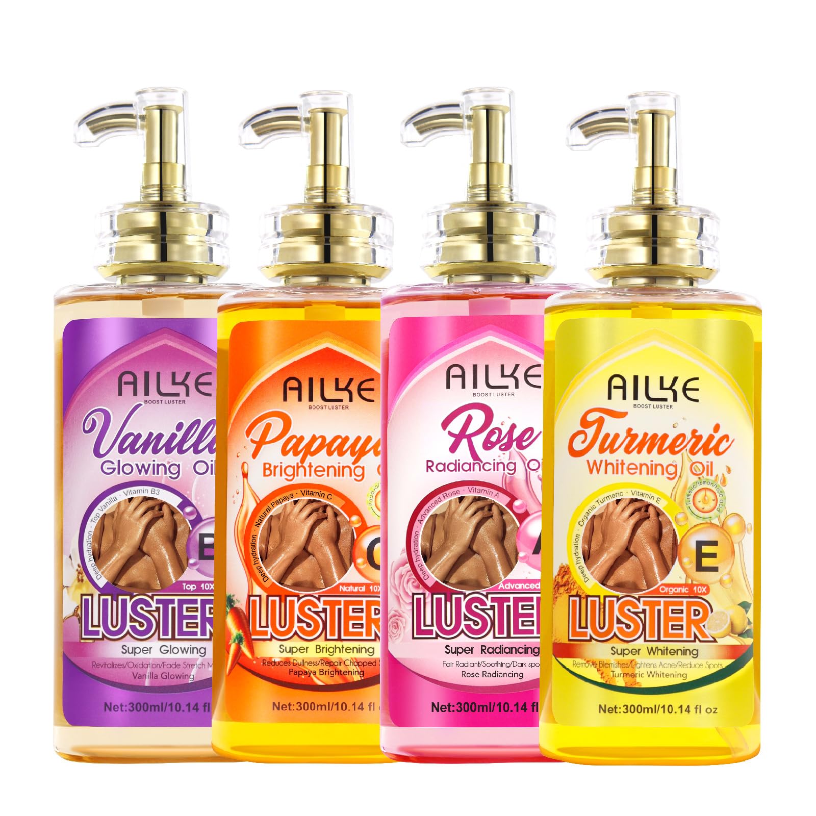 AILKE Brightening Massage Oil, Clean Skin, Moisturizing, Nourishing, Firming And Smoothing Skin, For Face, Body and All Skin Types, 300ml (Pack of 4)