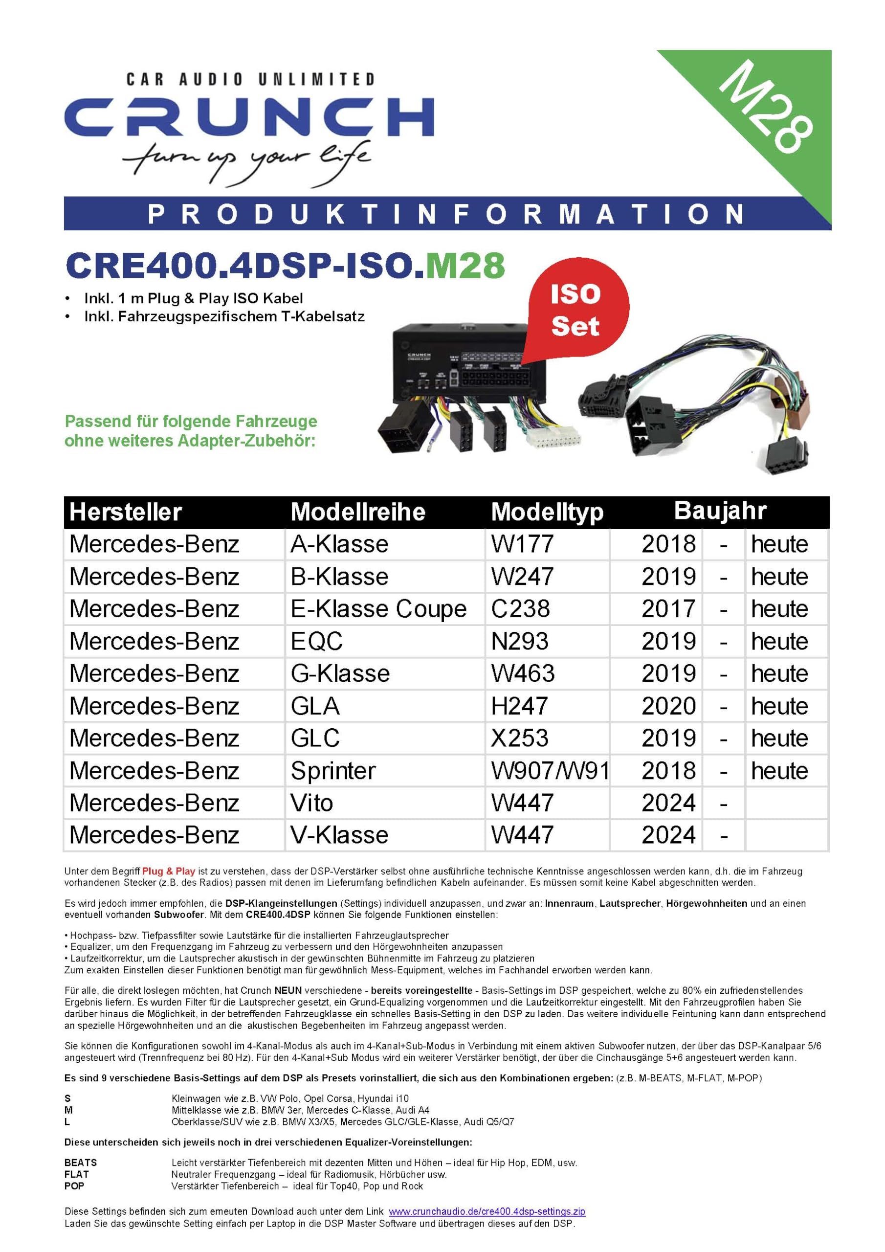 Crunch CRE400.4DSP-ISO.M28-4 CH Class A/B wzmacniacz samochodowy – kompatybilny z Mercedes-Benz (wtyczka MBUX) od roku produkcji 2017 – 4 x 50 W RMS i 6 CH 32-bitowy DSP – zintegrowany Bluetooth do