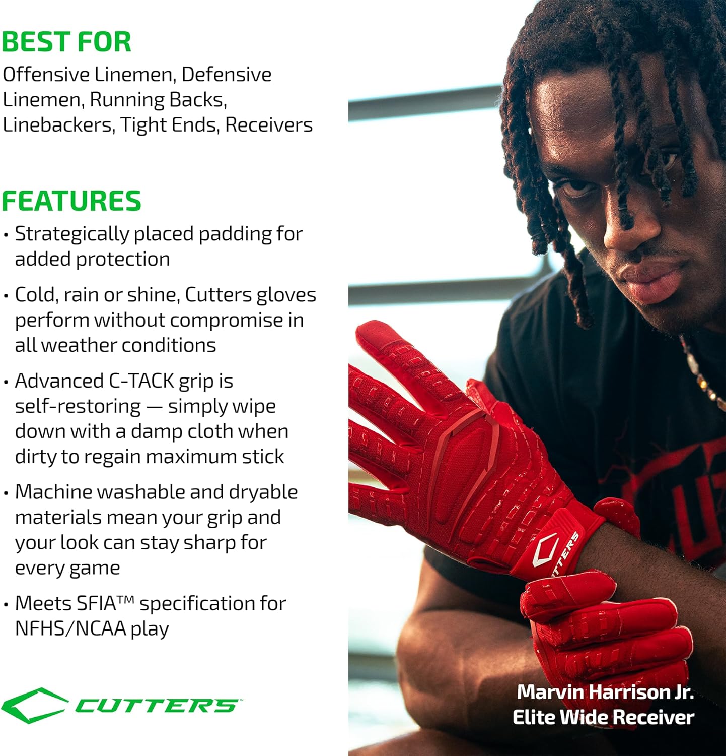 Cutters Gamer Padded Football Glove. All Purpose Players, Receivers, Lineman. Extra Grip.