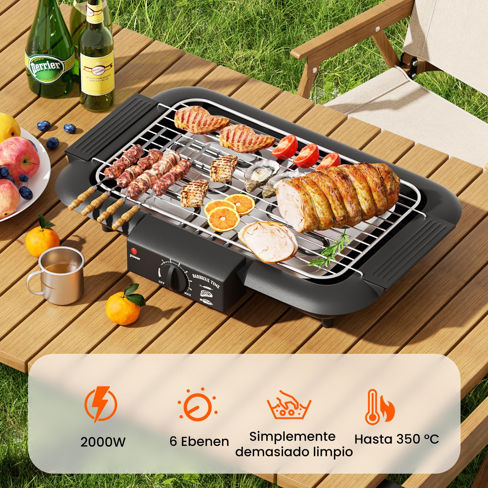 Parrilla eléctrica para barbacoa, antiadherente y sin humo, para interiores y exteriores, 2000 W, doble tubo, alta potencia, portátil, con soporte extraíble para barbacoas (negro)