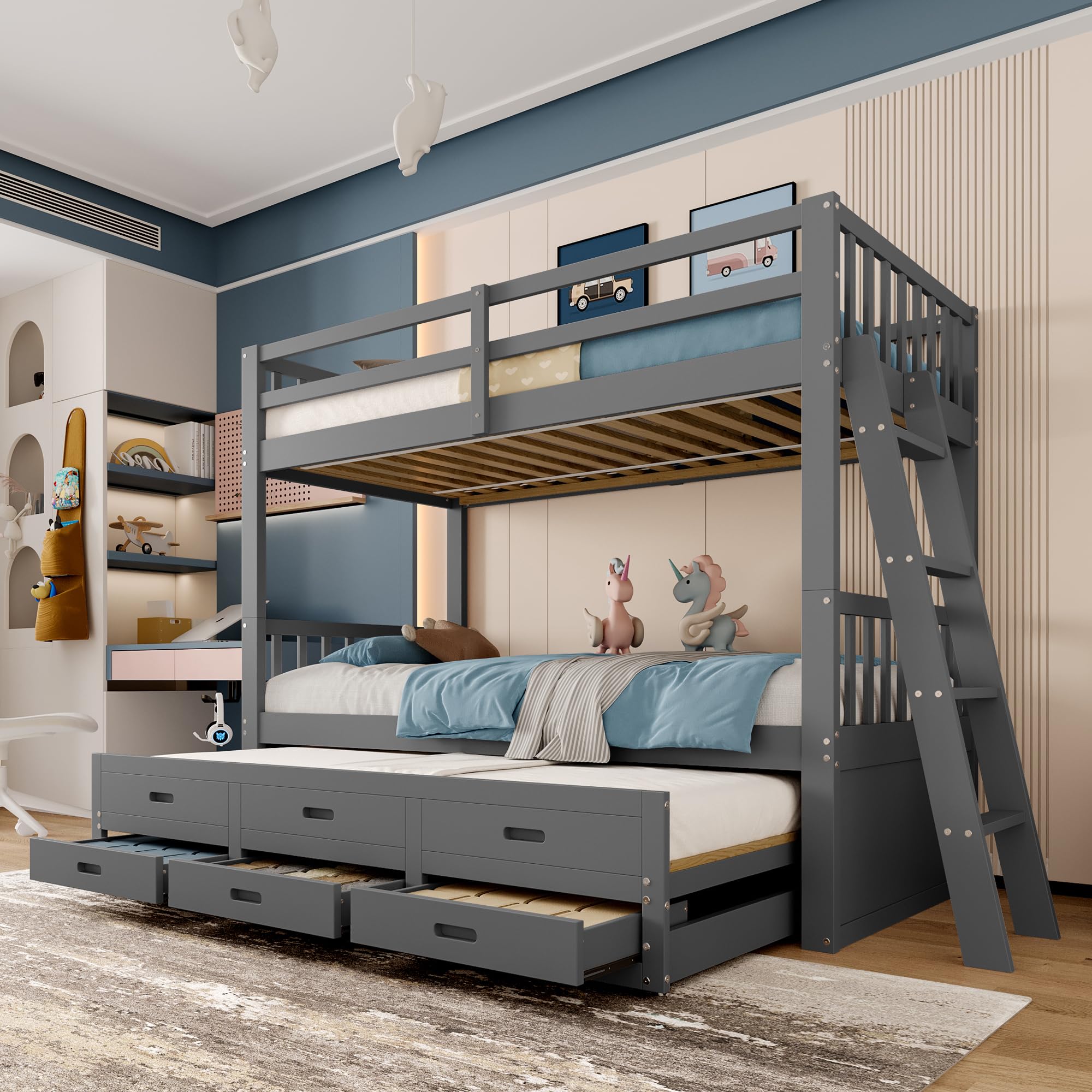 Sapgaks Lit Enfant 90x200 Lit Superposé Enfant Extensible, Lit Double Protection Anti Chute, pour Filles et garçons, Cadre de lit en pin et MDF avec échelle 3 tiroirs, Gris(sans Matelas)