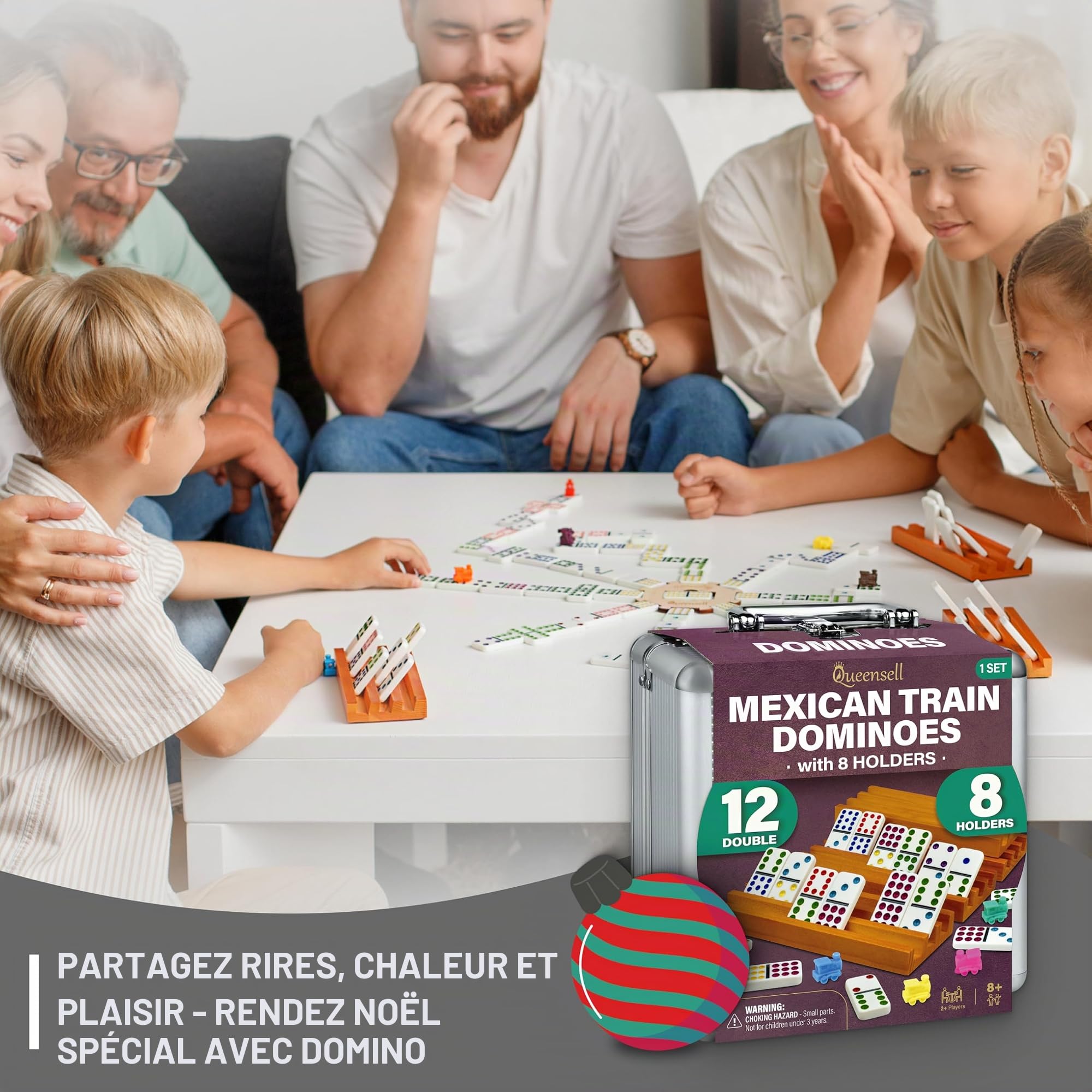 Queensell Ensemble de dominos mexicains avec 8 supports – Hub en bois et supports de carreaux – Double 12 carreaux avec pois (D12 + 8 supports)