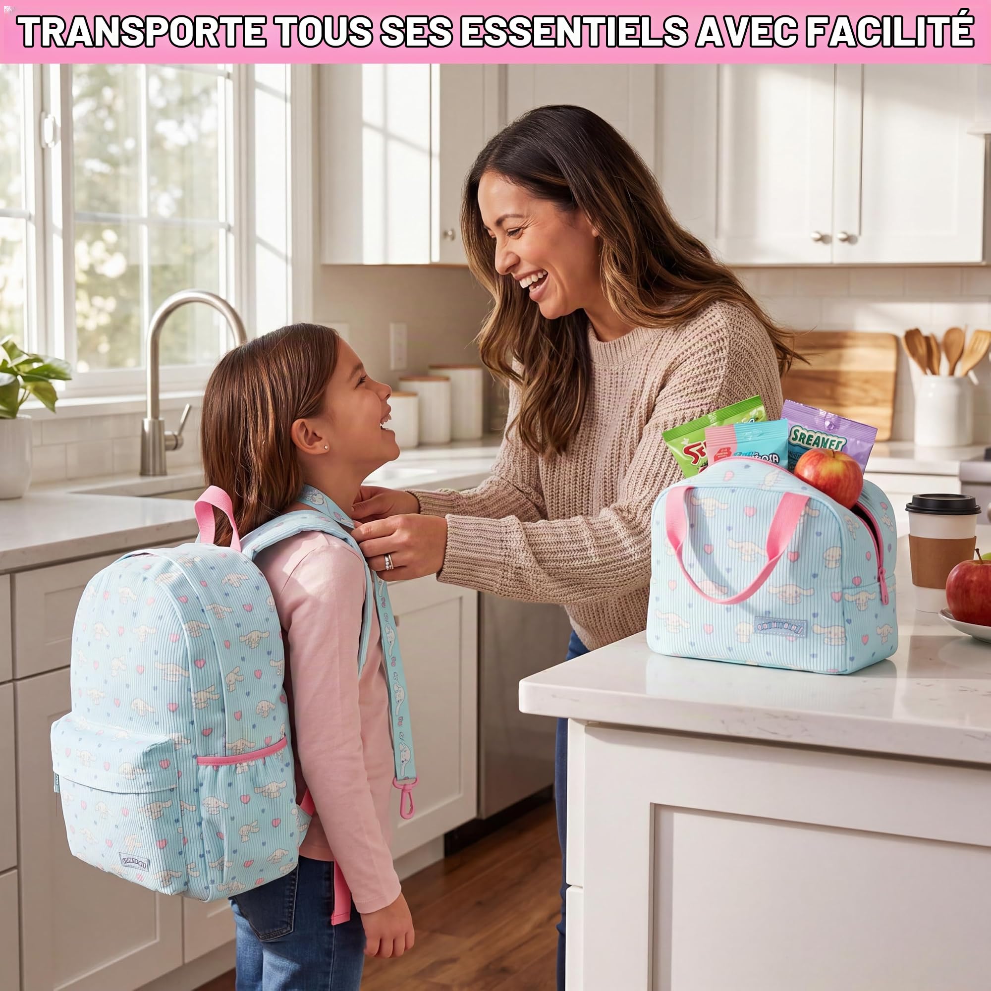 Get Trend Hello Kitty Cinnamoroll Sac a Dos Fille, 4 Pcs Cartable, Sac Isotherme Repas, Trousse Scolaire et Lanyard (Bleu/Rose Cinnamoroll)