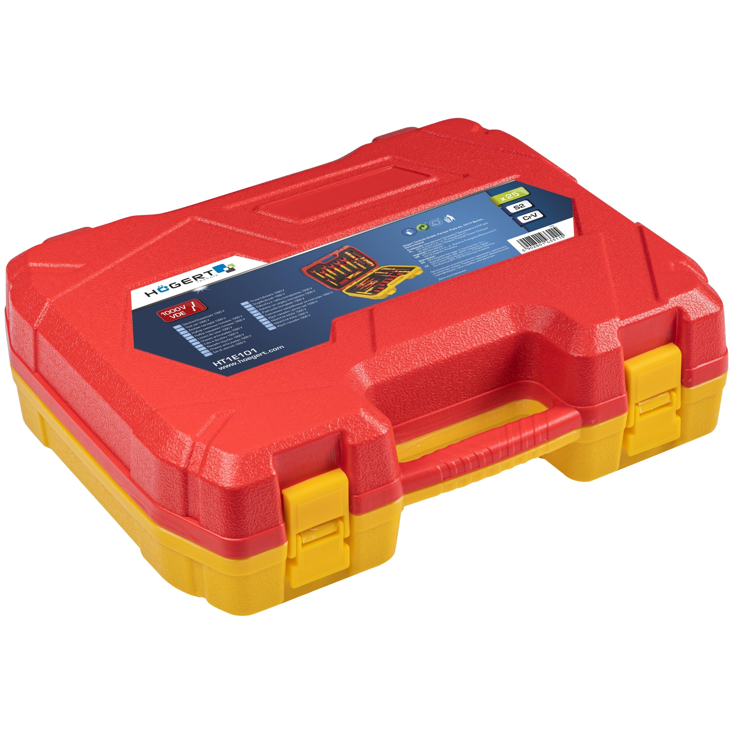 HÖGERT TECHNIK Set di 25 attrezzi elettricisti isolati da 1000 V, cacciavite a fessura e croce, pinze, test di tensione, valigetta in plastica