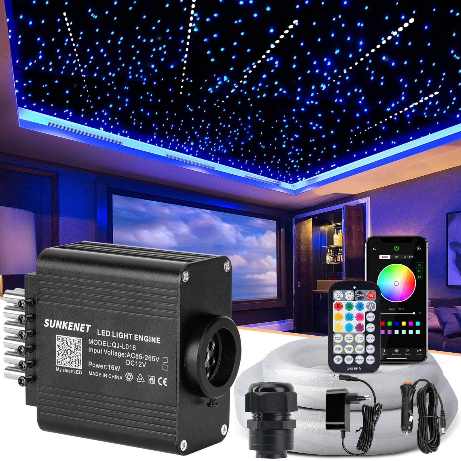 16W Twinkle&Meteor 2-in-1 Fibra Ottica, 460pcs of(0.75+1.0+1.5mm)*3m Cielo Stellato+Shooting Star Light Kit Con APP Bluetooth/Remote/Controllo Musica, Fibra Ottica Cielo Stellato per Auto