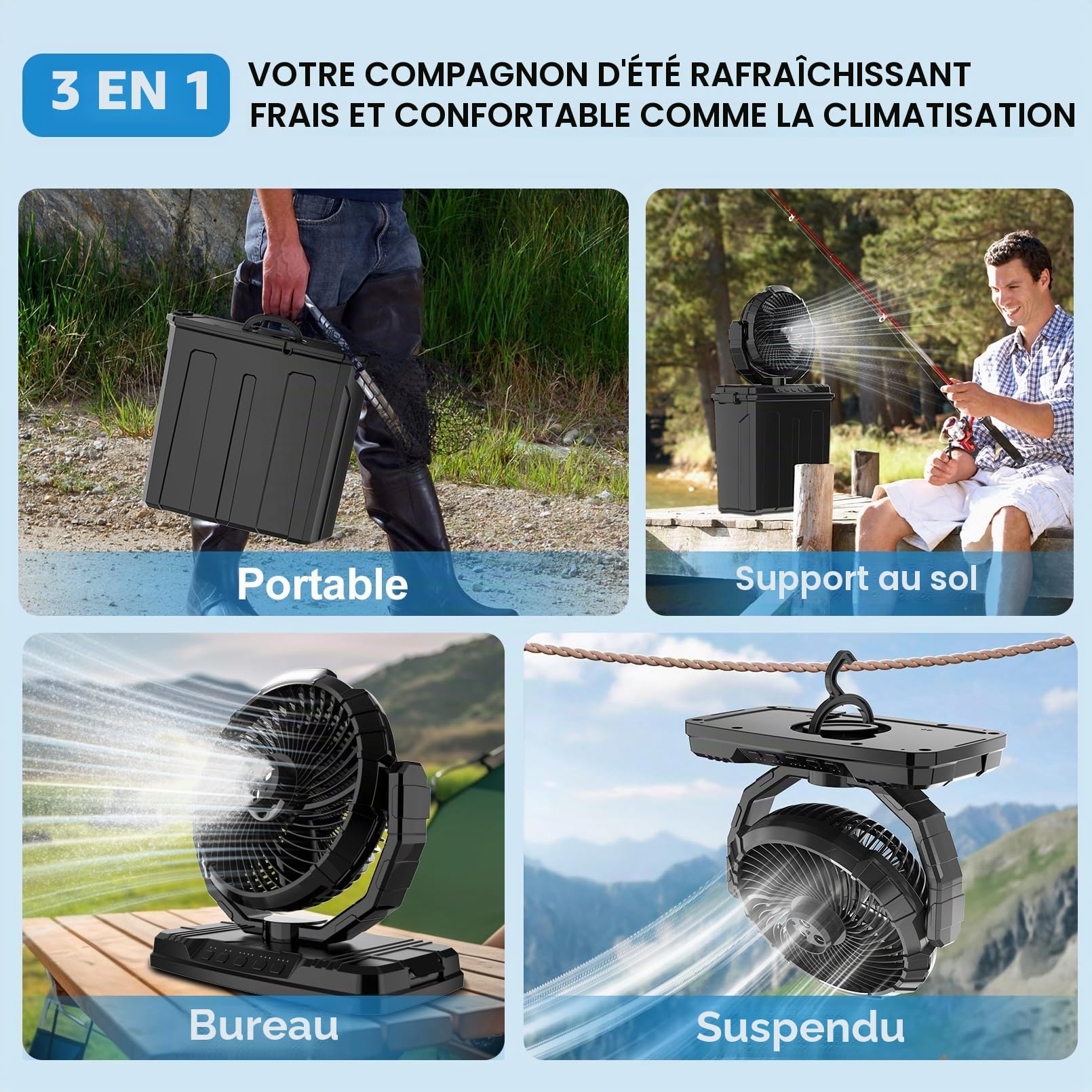 Ventilateur brumisateur portable avec réservoir d'eau de 9L, 3 vitesses, 3 modes de vaporisation, ventilateur de camping durable 20000mAh, oscillation à 80°, ventilateurs de refroidissement
