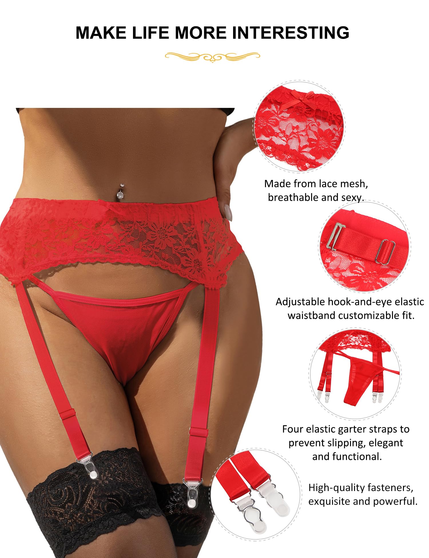 Women Floral Lace Garter Belt Plus Size Mesh Suspender Belt Set with 4 Straps Metal Clip for Thigh Highs: 1- Style1: Red Medium-Large