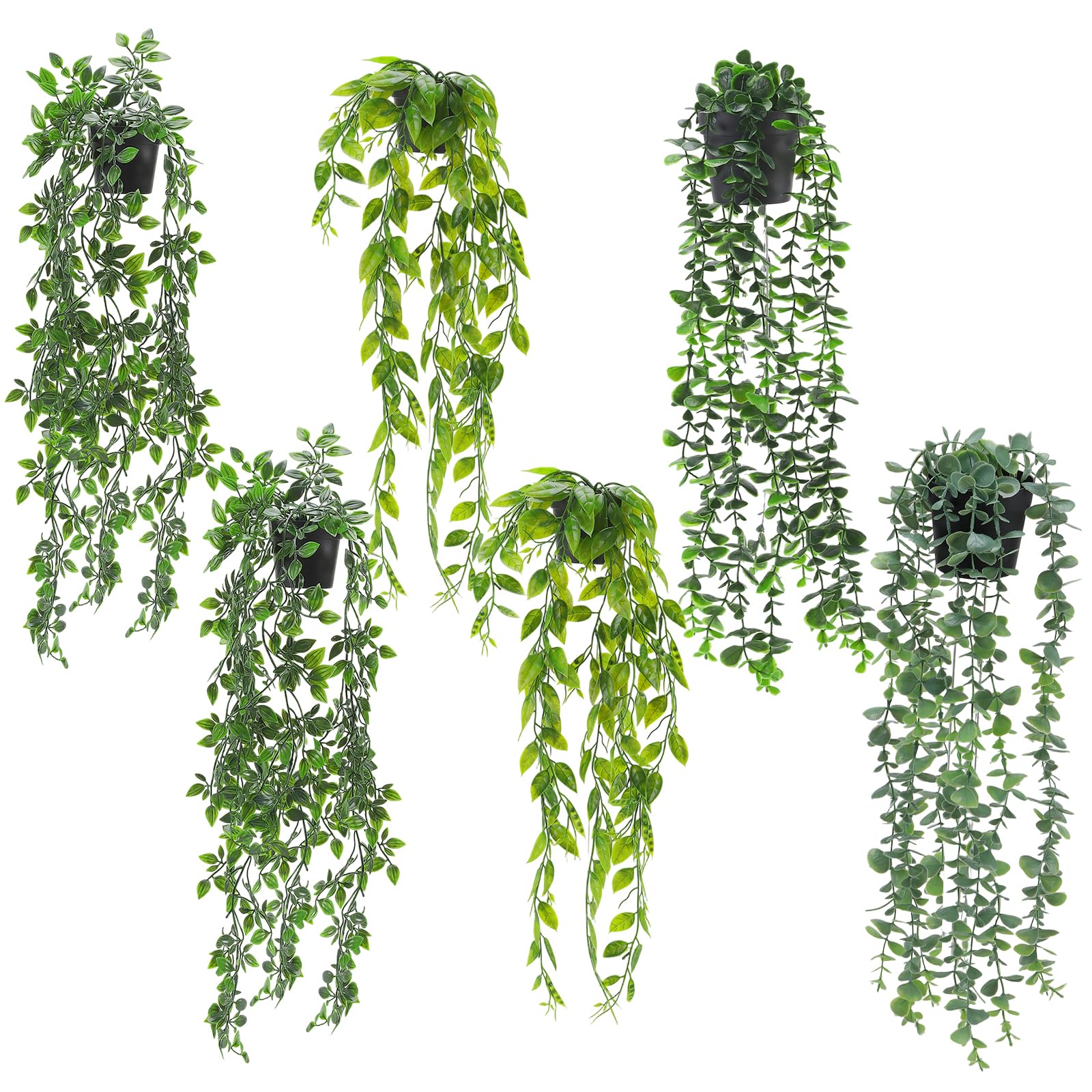 JIAYUET 6 Pack Artificial Hanging Plants with Pots,Eucalyptus Peas Mandala Fake Vines, Faux Trailing Greenery for Bathroom Decor, Office Wedding Wall Hanging