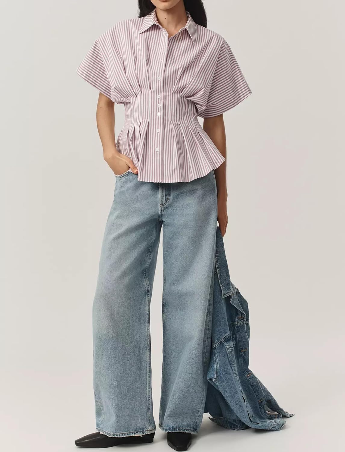 Women Striped Button Pleated Shirt Short Sleeve Summer Casual Peplum Blouse Purple