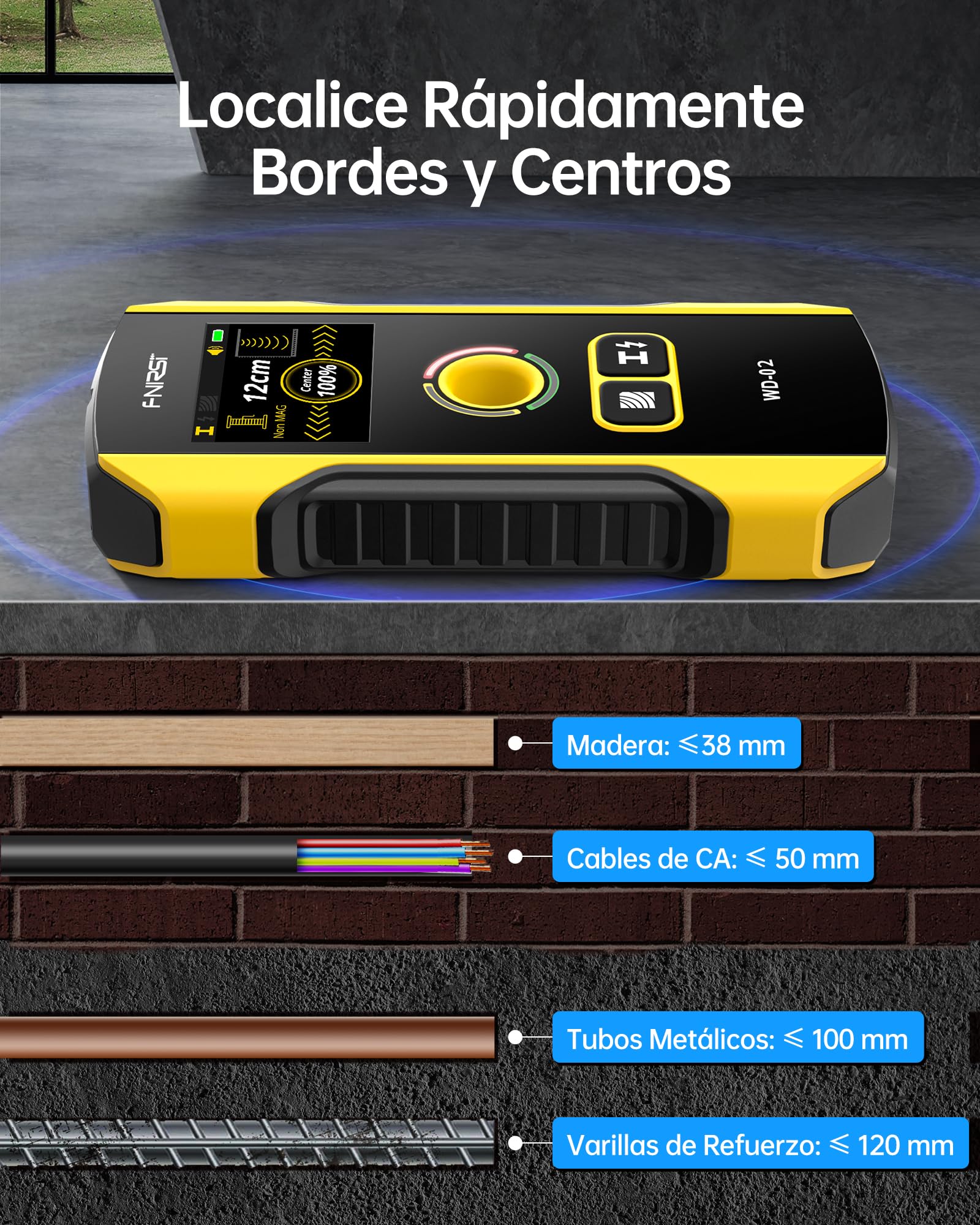 FNIRSI Detector de Vigas y Metales - FNIRSI WD-02 Detector de Paredcon pantalla TFT, Escáner de pared con orificio de posicionamiento para Escáner de Pared para Metales, Cables CA, Madera y Tuberías