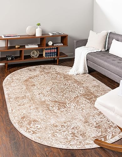 Unique Loom Oxford Collection - Alfombra de área Bodleian (5 pies 3 pulgadas x 8 pies, ovalada, beigemarfil)