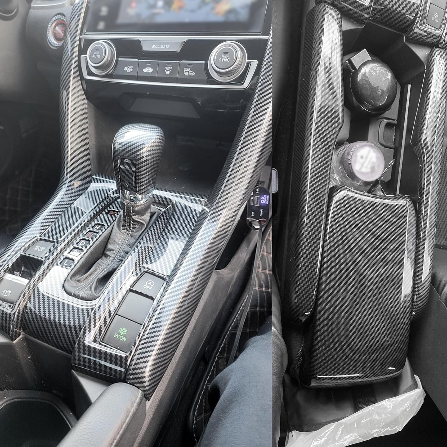 Center Armrest Box Cover Center Console Automatic Gear Shift Panel Cover Gear Shift Knob Cover Compatible with Honda Civic 10th Gen 2016-2021 Carbon Fiber Style (8 Pcs)