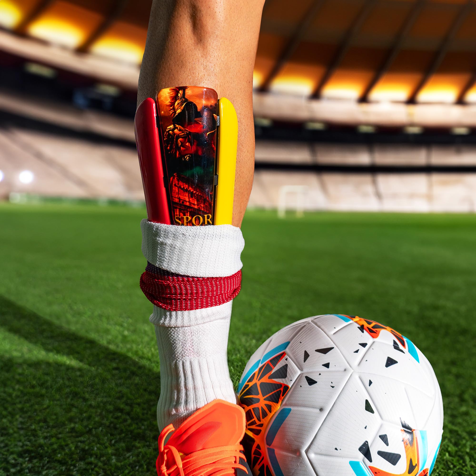 Parastinchi Da Calcio Giovani Adulti ad alta resistenza agli urti Made in Italy Protezione Completa. Comprese fasce di sostegno. Modello Gladiatore