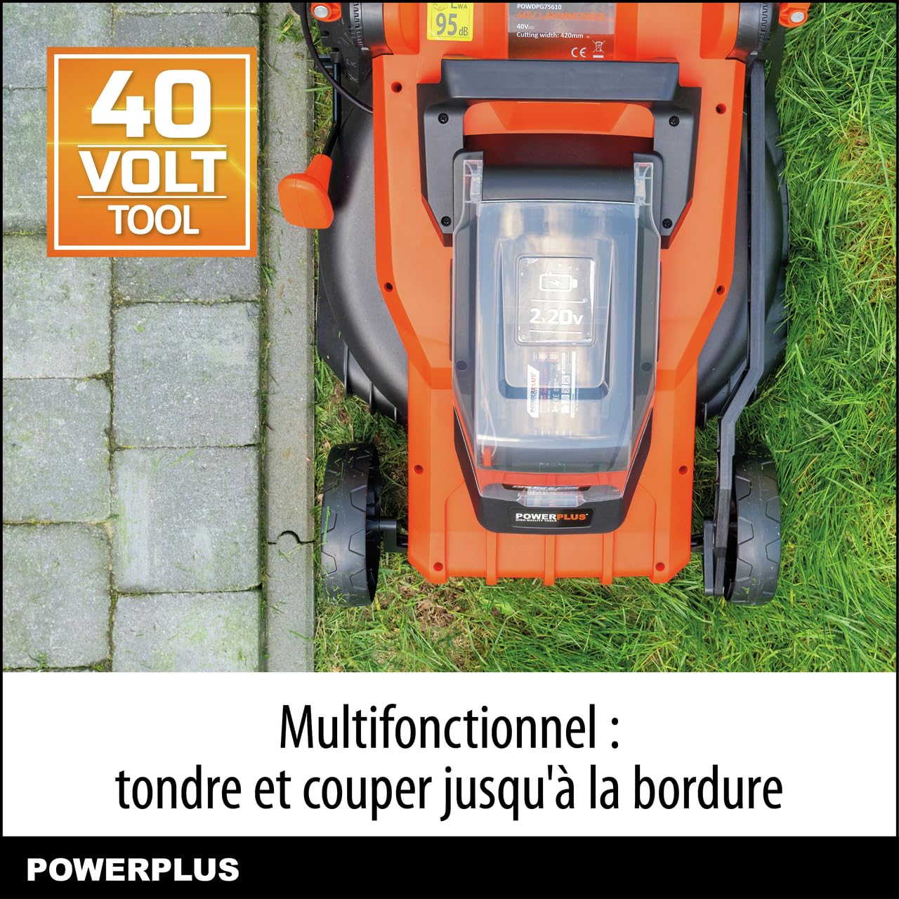 Powerplus POWDPGLWS2-40V - Cortacésped con batería de Doble Potencia, 420 mm de diámetro, sin batería ni Cargador, con Soporte de césped y expulsión Trasera