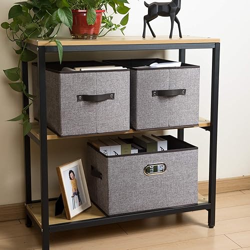 Miniatura 9 de PRANDOM Fodable - Contenedores de almacenamiento para armario, canastas decorativas de tela con asas de cuero y metal para estantes, dormitorio,