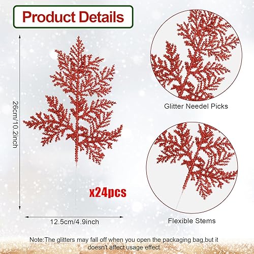 Miniatura 8 de FOIMAS 24 agujas de pino artificiales con purpurina, ramas florales de Navidad, ramas falsas de ramitas florales, aerosoles para coronas de árbol