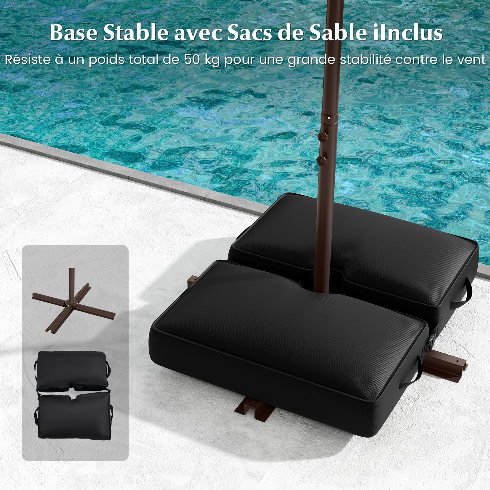 GOPLUS Parasol de Jardin Extérieur avec Pied, 3M Grand Parasol Déporté Inclinable, avec 8 Baleines 32 Lampes Solaires, pour Terrasse Plage Cour (Café)