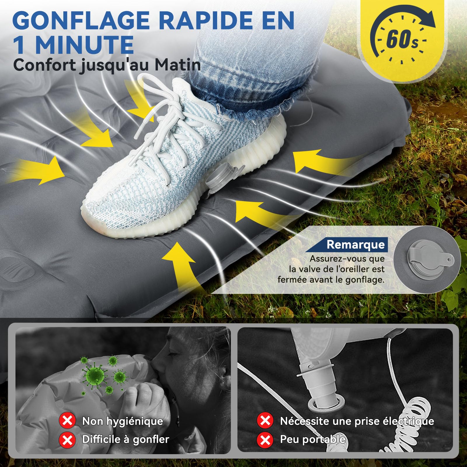 HIKENTURE Matelas de Camping Gonflable 13cm Ultraléger Compact avec Oreiller Pompe à Pied Randonnée Trekking Plage Tente Gris