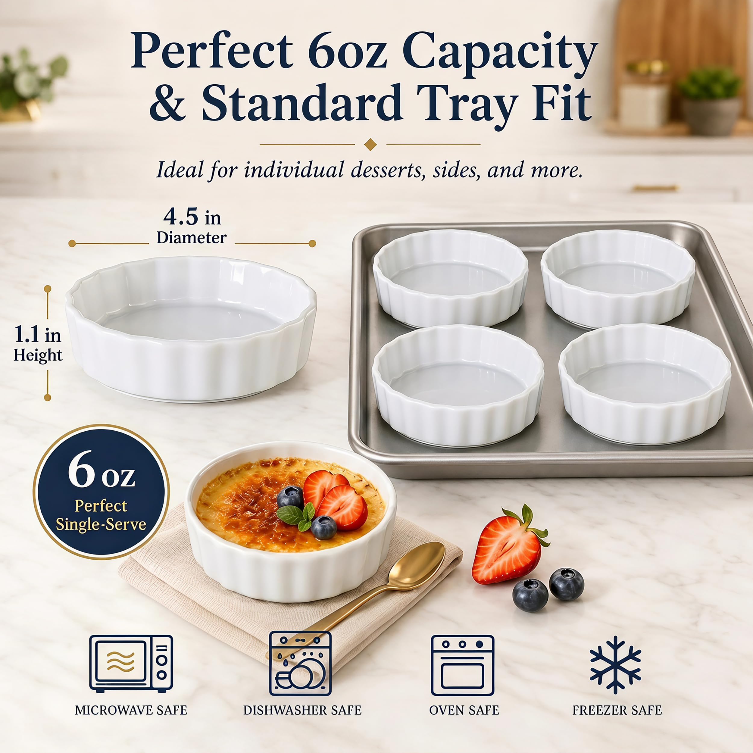 Ramequines de 5 pulgadas, juego de 4 platos de cerámica para hornear, ramequines ondulados, aptos para horno, redondos, porcelana, creme brulee, remedios de cocina para hornear, aptos para