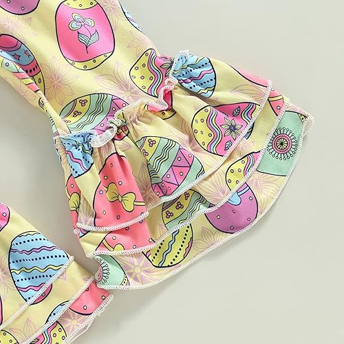 Vista 6 de Traje de Pascua para bebé niña, camiseta de manga corta de conejomameluco con pantalones acampanados, traje de Pascua para niña pequeña