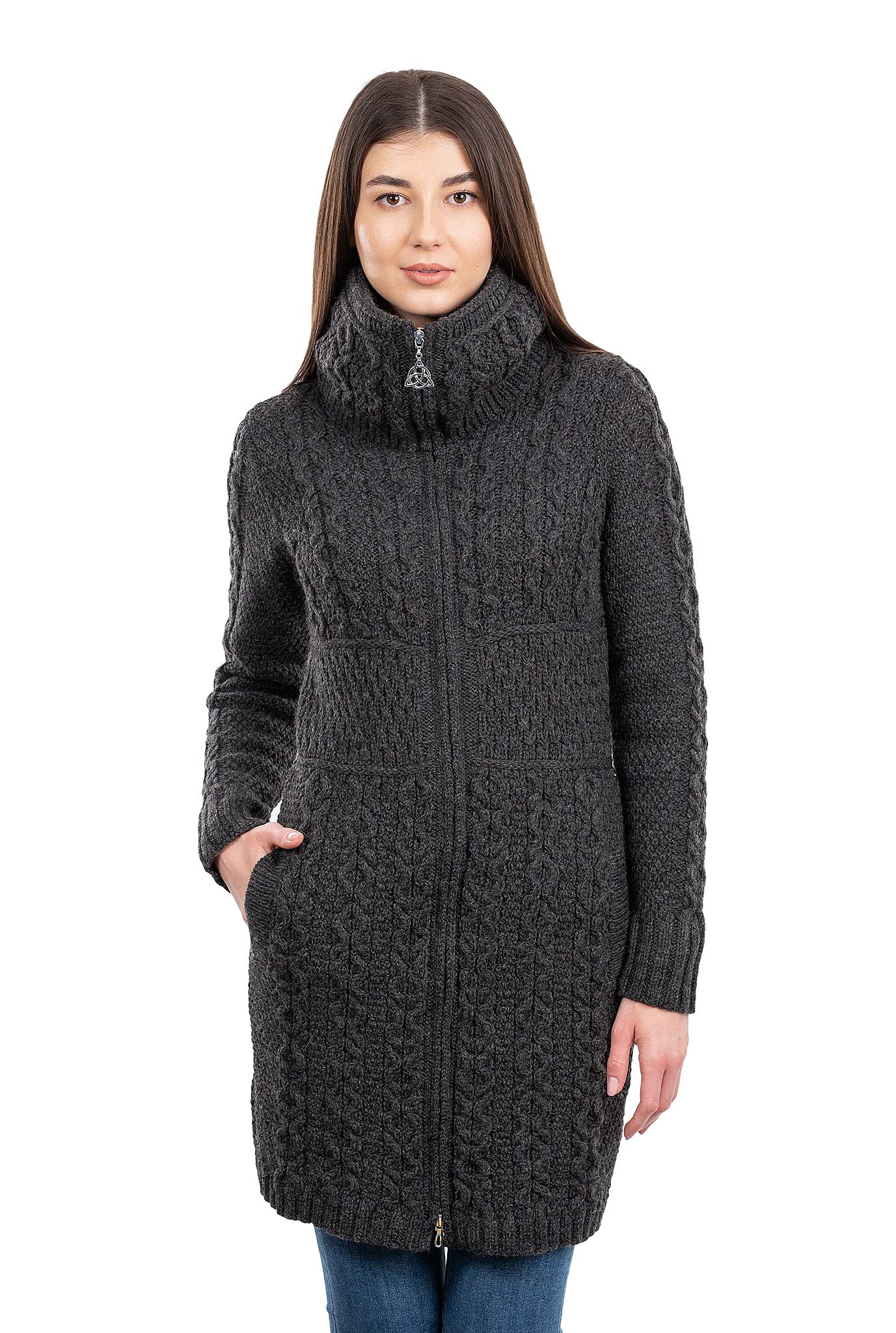 Saol Women's Charcoal Irish Cardigan For With Pockets Made Of 100% Merino Wool Ireland Long Coat, XX-Large