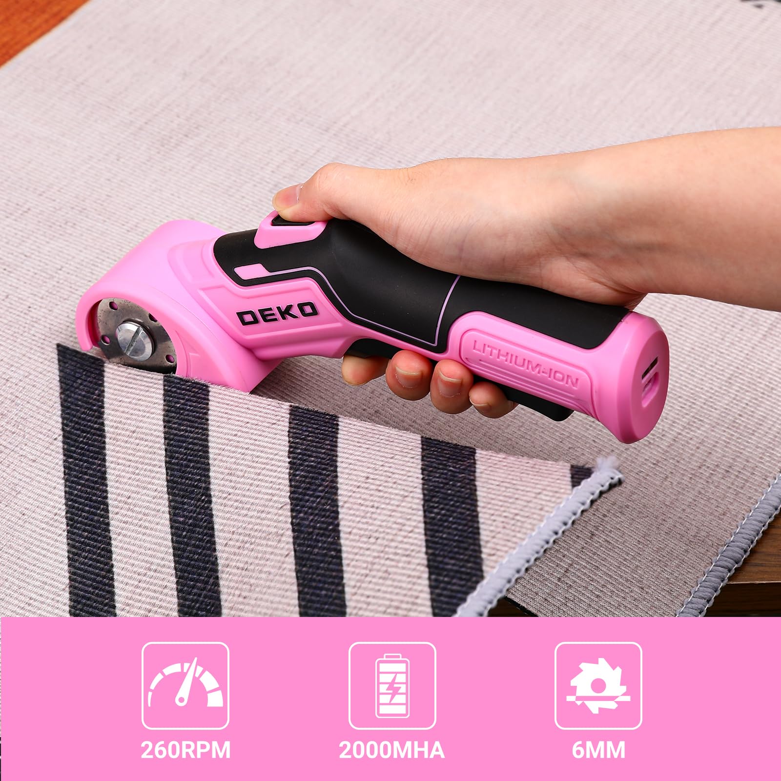 DEKOPRO Ciseaux Electrique Rotatif Couture: 3.7V Ciseaux Électrique sans Fil avec 2 Lames, Coupe Carton Puissant, pour Tissu, Cuir, Tapis, Plastique, DIY & Couture