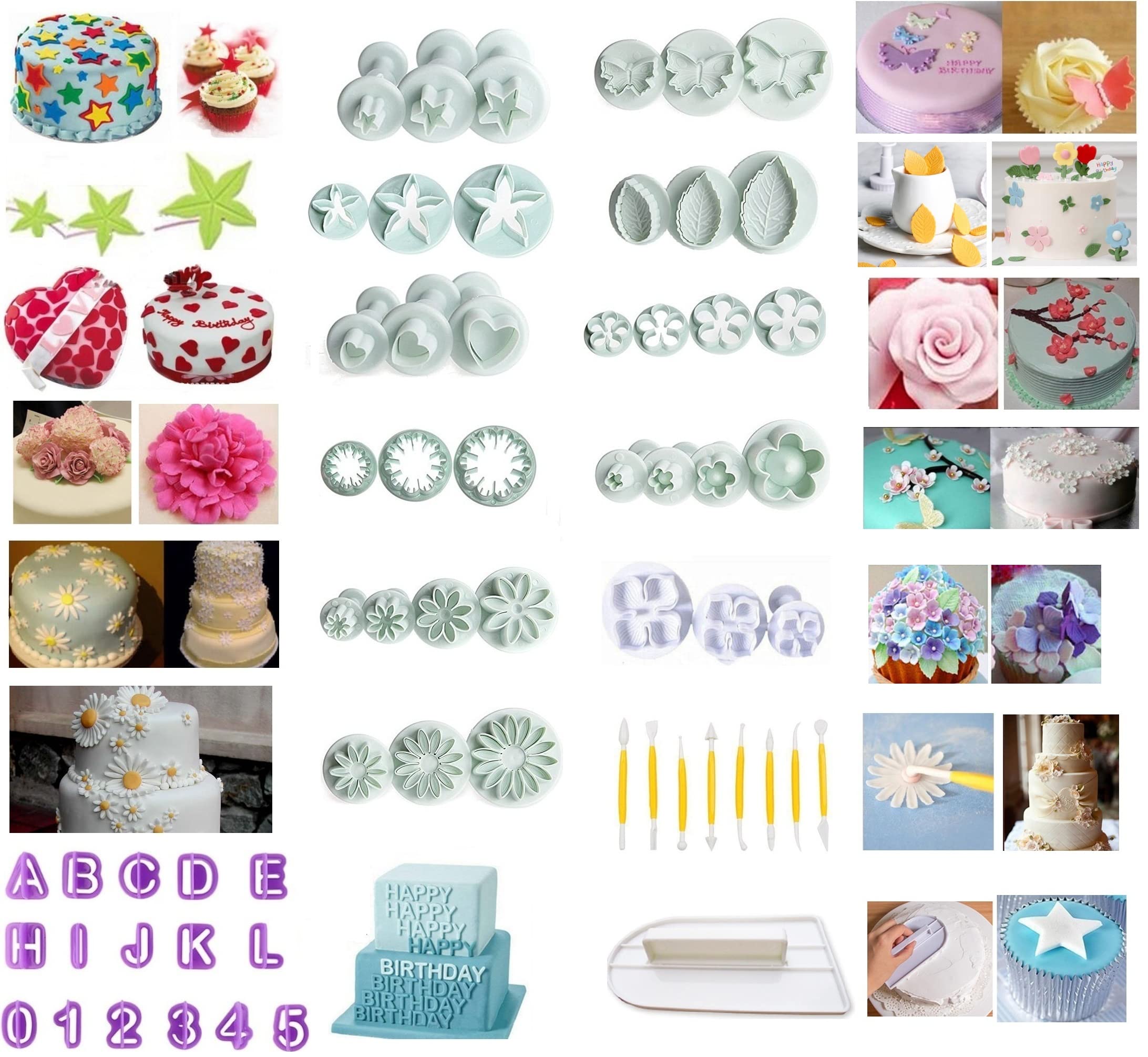 Moldes de fondant para decoración de pasteles, cortador de émbolo de galletas para tartas, moldes de pasta de goma para manualidades, hojas de flores, mariposas, forma de corazón, moldes de decoración 2
