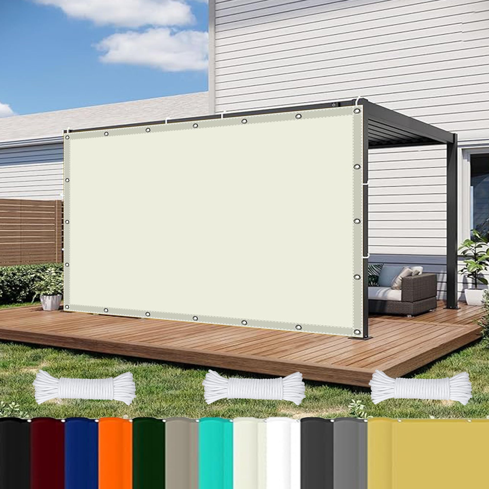 Markisenstoffe Meterware 2 x 3 m Reißfest Uv-Schutz Nach Mass Polyestergewebe mit Seil Windschutz Überdachung Plan Schattenspender für Außenbereich Patio, cremefarben
