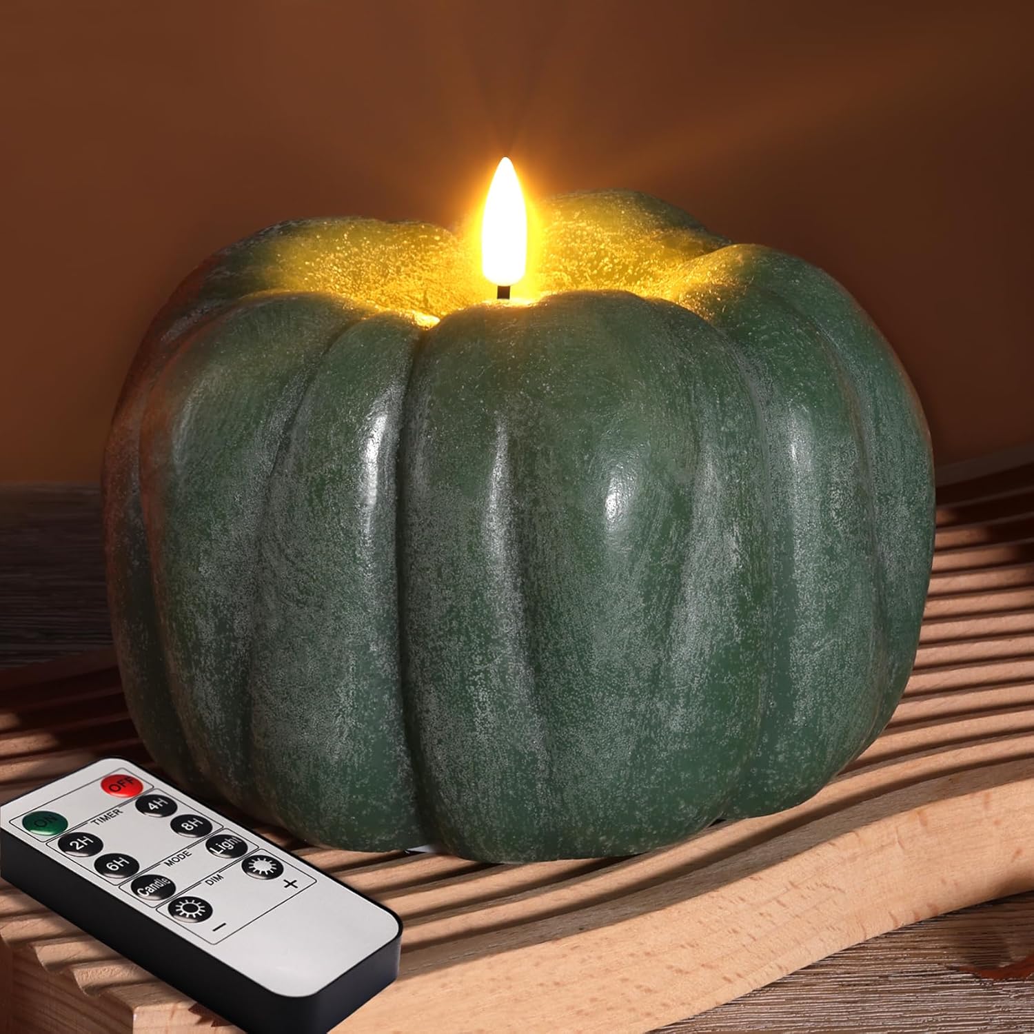 Eywamage Dusty Blue Pumpkin Flameless Candle with Remote, Christmas LED Battery Candle Decor Φ 5.4" H 4"