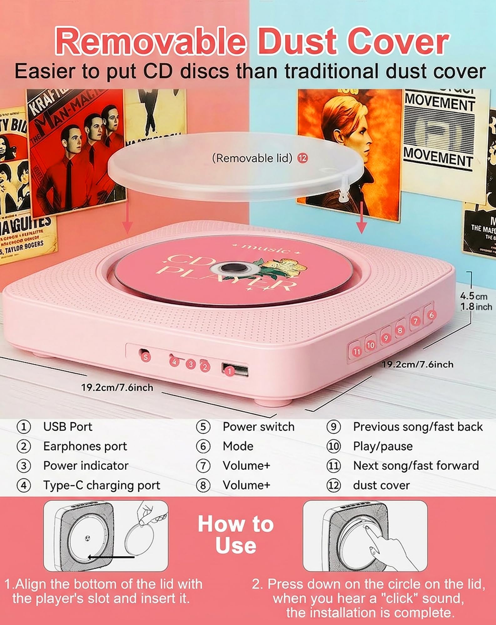 CD Player Tragbar Bluetooth Radio mit CD-Player mit Lautsprecher Unterstützung USB & AUX-Wiedergabe mit Fernbedienung Staubschutzhülle Rosa