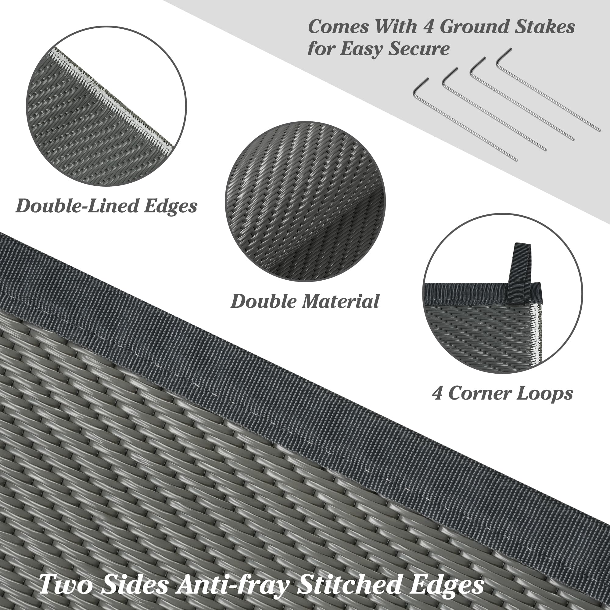 Outdoor Rugs for Patios Grey 150x245cm Waterproof Plastic Picnic Blanket Reversible Garden Rugs Outdoor UV Resistant Lightweight Camping Mat for Beach Balcony Deck Backyard RV BBQ — view 3