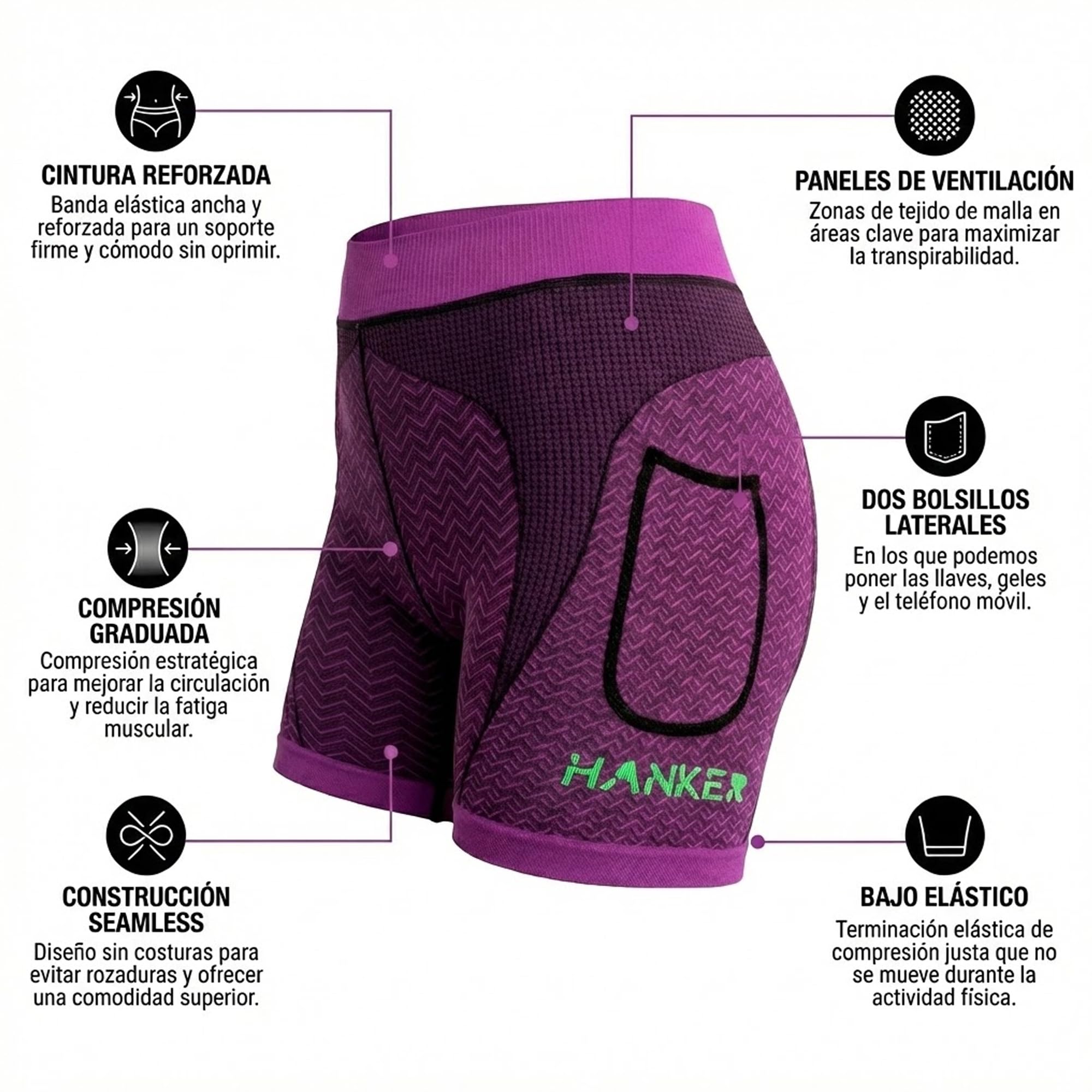 HANKER Mallas Deportivas Mujer Cortas Compresivas con Bolsillos Cintura Alta para Running y Gimnasio - 3