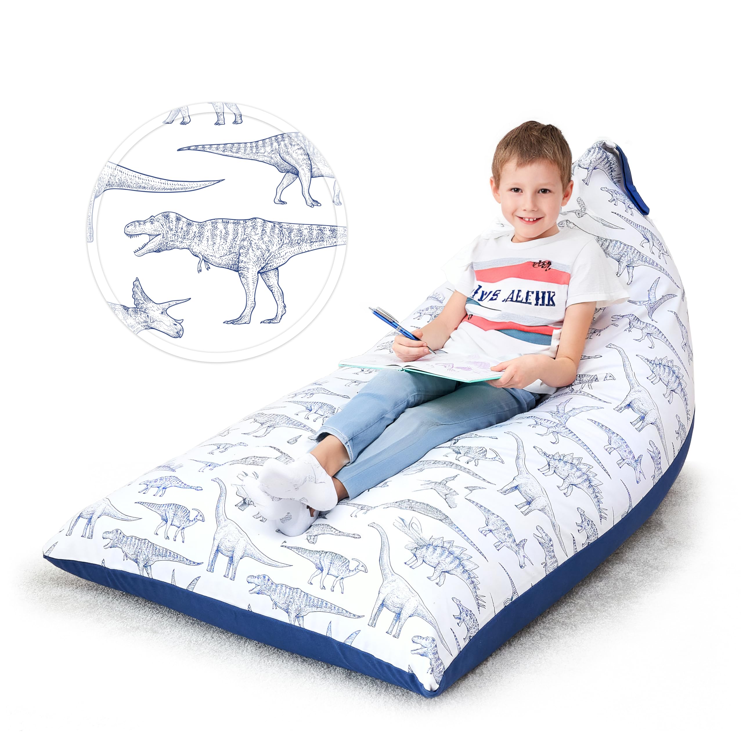 Huddle Original Cover for Stuffed Animal Bean Bag Storage (No Filler) XL Designer Beanbag Chair for Kids & Adults | Instant Clutter Clear for Stylish Moms - 100% Cotton Canvas Chair Blue Dinosaur