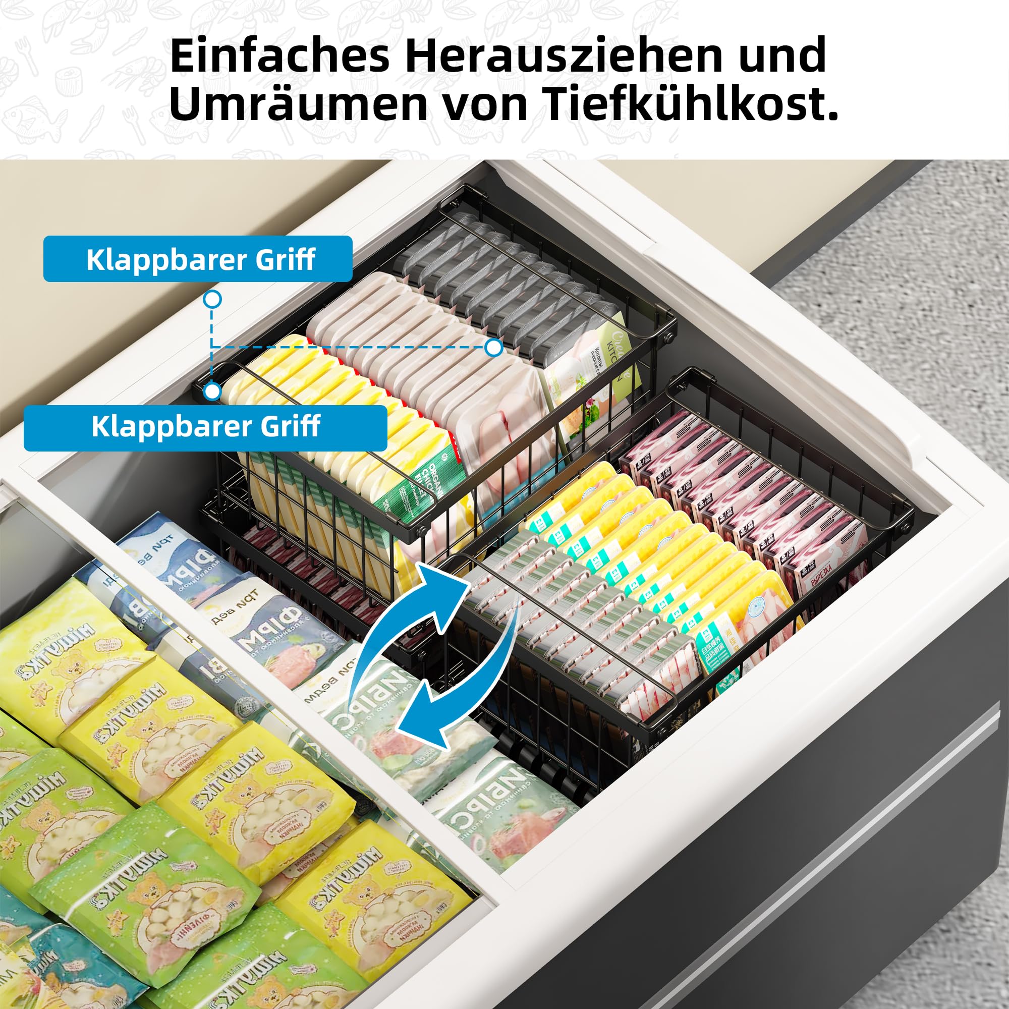 Gefriertruhe Korb Stapelbar Gefrierschrank Organizer Stapelkörbe Schwarz 38.5x30.7x78 cm