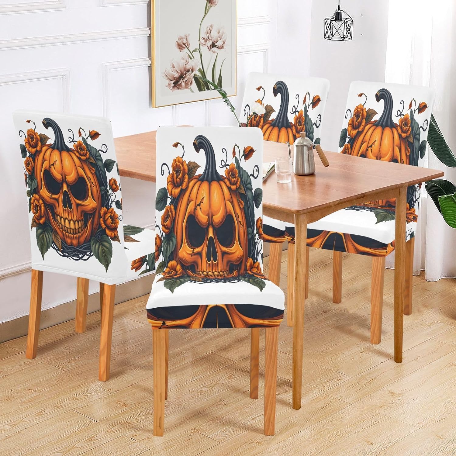 ALAZA Chair Covers for Dining Room, Pumpkin Skeleton Stretch Chair Cover Sets Chair Protector Removable Washable for Ktichen Restaurant Hotel