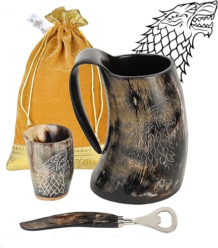 MENTHOME Juego de Tronos - Taza de cuerno pulida estilo nórdico medieval grabada con bocina, abridor de botellas, bolsa de regalo dorada, cuchara