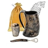 MENTHOME Viking Horn Mug - 100&percnt; Authentic Game of Thrones Medieval Norse Style Polished Drinking Mug With Shot Glass &vert; Bottle Opener &vert; Gift for Men & Women &vert; 20 Oz