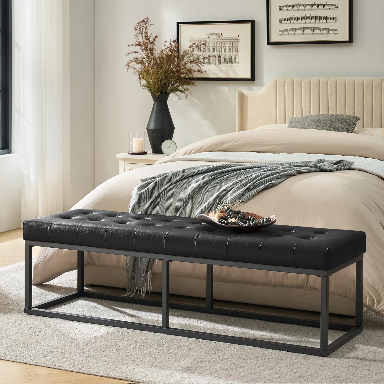 HULALA HOME 61" Faux Leather Bench with Metal Base, Upholstered Bedroom Bench for End of Bed, Button-Tufted Footstool for Entryway Living Room Dining