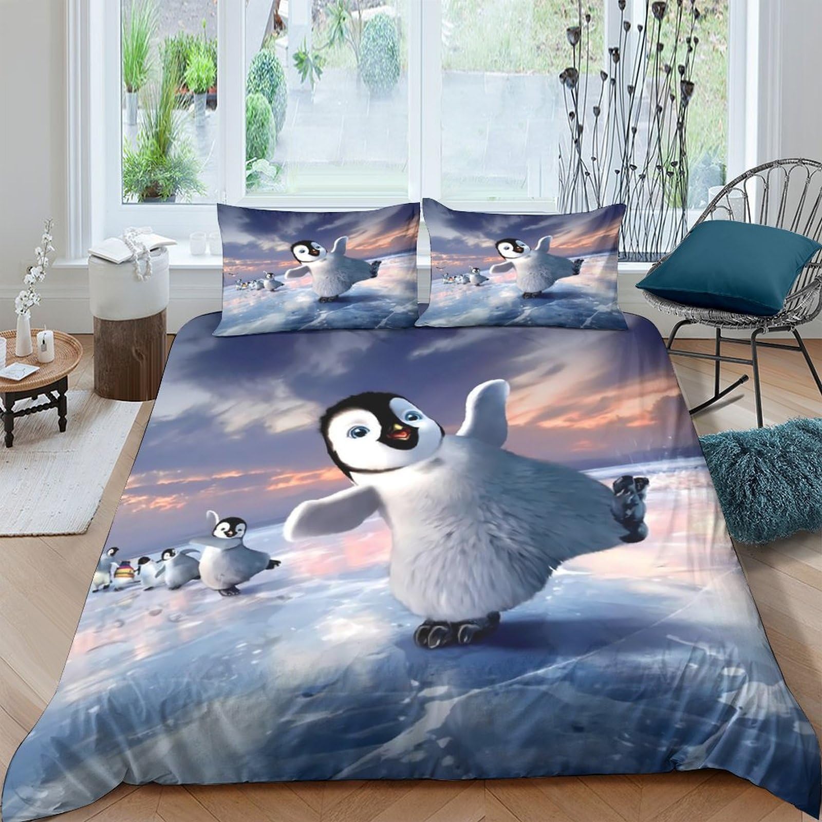 Ctjqhvkz Style-1 3D Printed Dancing Penguin Fitted Sheet Microfiber Soft Breathable Ice Landscape Bed Cover For Bedroom Dorm Mattress Decor Single（135X200cm）