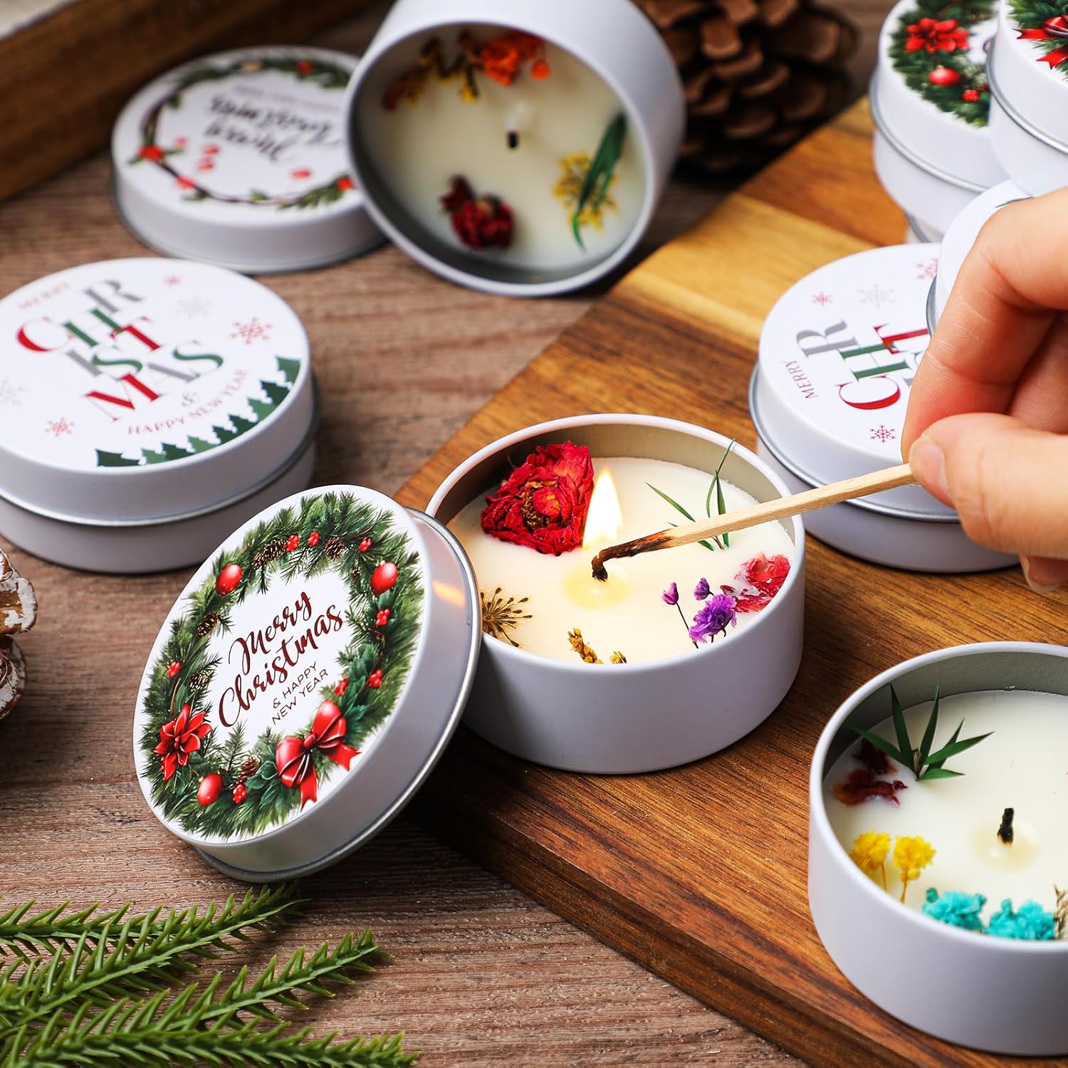 20 Pcs Christmas Candles with Dried Flowers Tealight Scented Soy Candles Bulk for Aromatherapy Home Decoration Gifts(Merry Christmas)