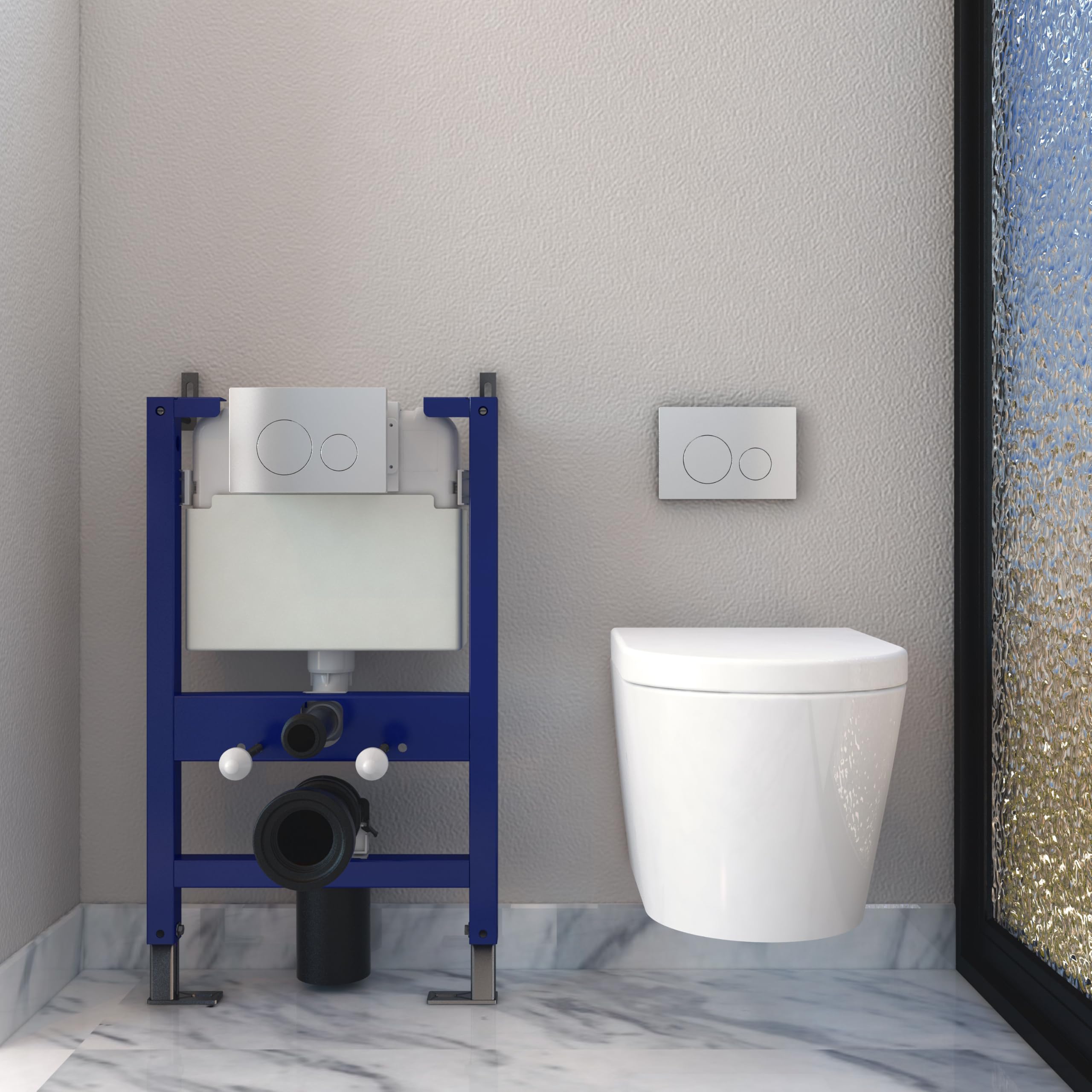 Modern Bathroom Rimless Wall Hung Toilet Round WC Pan with 0.82M Concealed Cistern Frame Short Projection Soft Close Seat White-37201