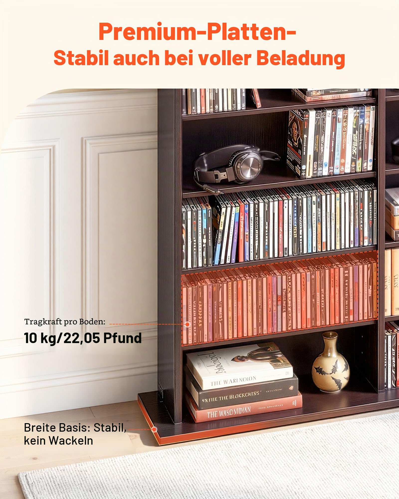 VEVOR DVD-Regal mit 24 Fächern (8 Ebenen), Medienregal Standregal 142 x 22 x 130 cm, Platzsparendes Aufbewahrungsregal für CDs DVDs Bücher Spiele-Discs, Bücherregal für Wohnzimmer/Homeoffice, Braun