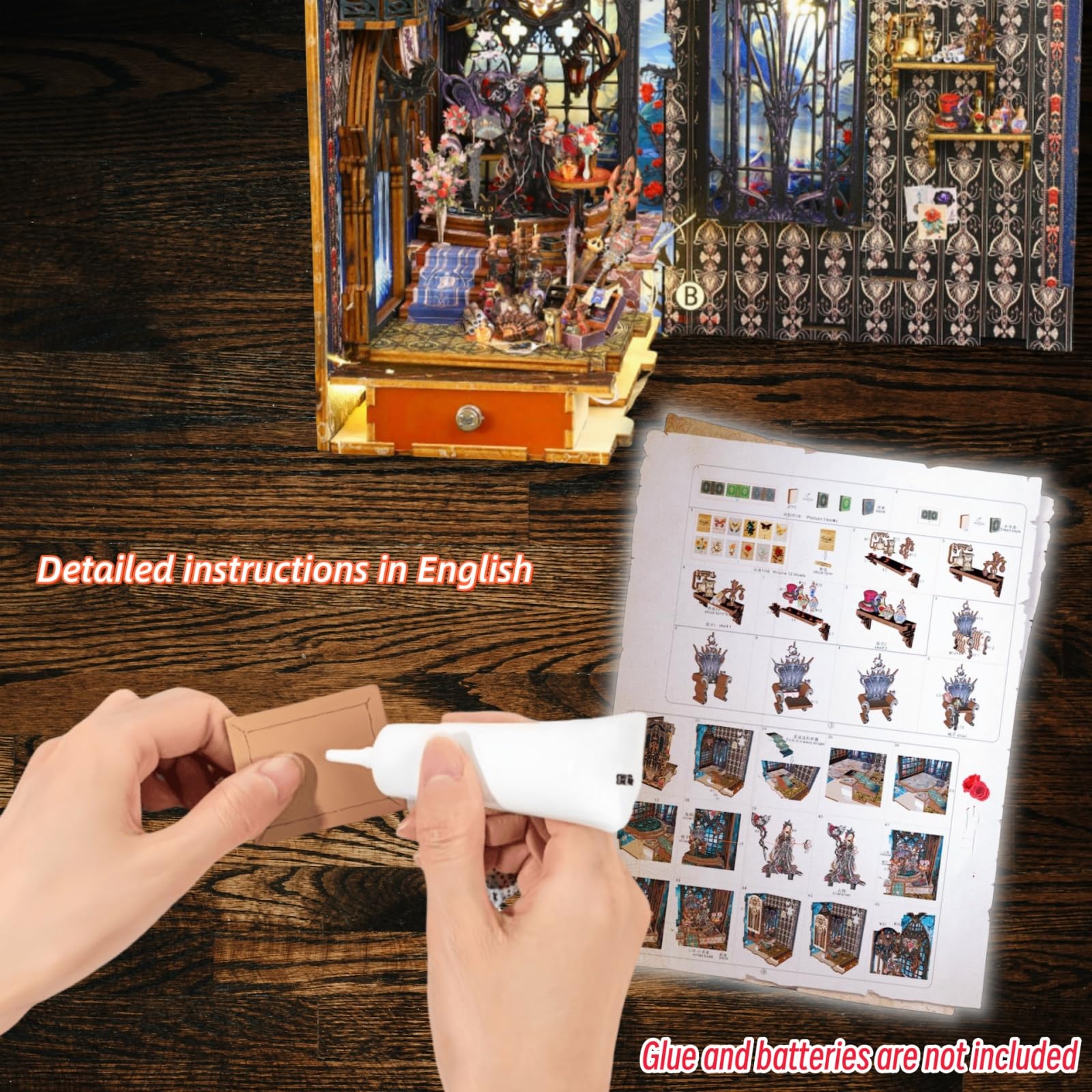 DIY Book Nook - Fermalibri in legno fai da te Kit fai da te casa in miniatura con mobili e LED, Legge della notte, puzzle 3D, kit di modellismo regali d'arte