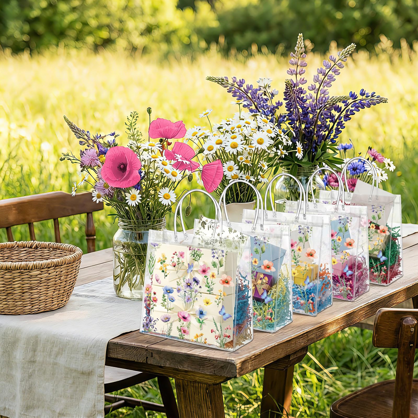 Resholder 24 Pcs Spring Floral Clear Gift Bags Wildflowers Goodie Bags with Handle 8 x 8 x 3.15 Inch Return Gift Wrap Tote for Guests Birthday Bridal Shower Wedding Tea Spring Summer Party Supplies