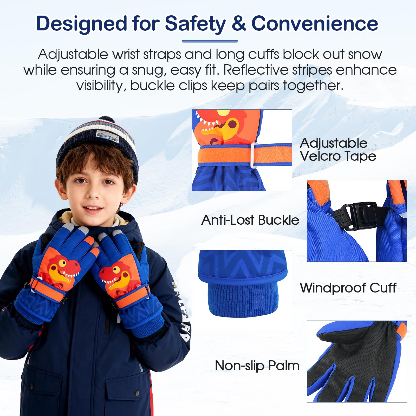 Guanti invernali per bambini, impermeabili per bambini, guanti da sci, guanti da neve, guanti da dito per bambini, guanti da dinosauro, blu reale, S