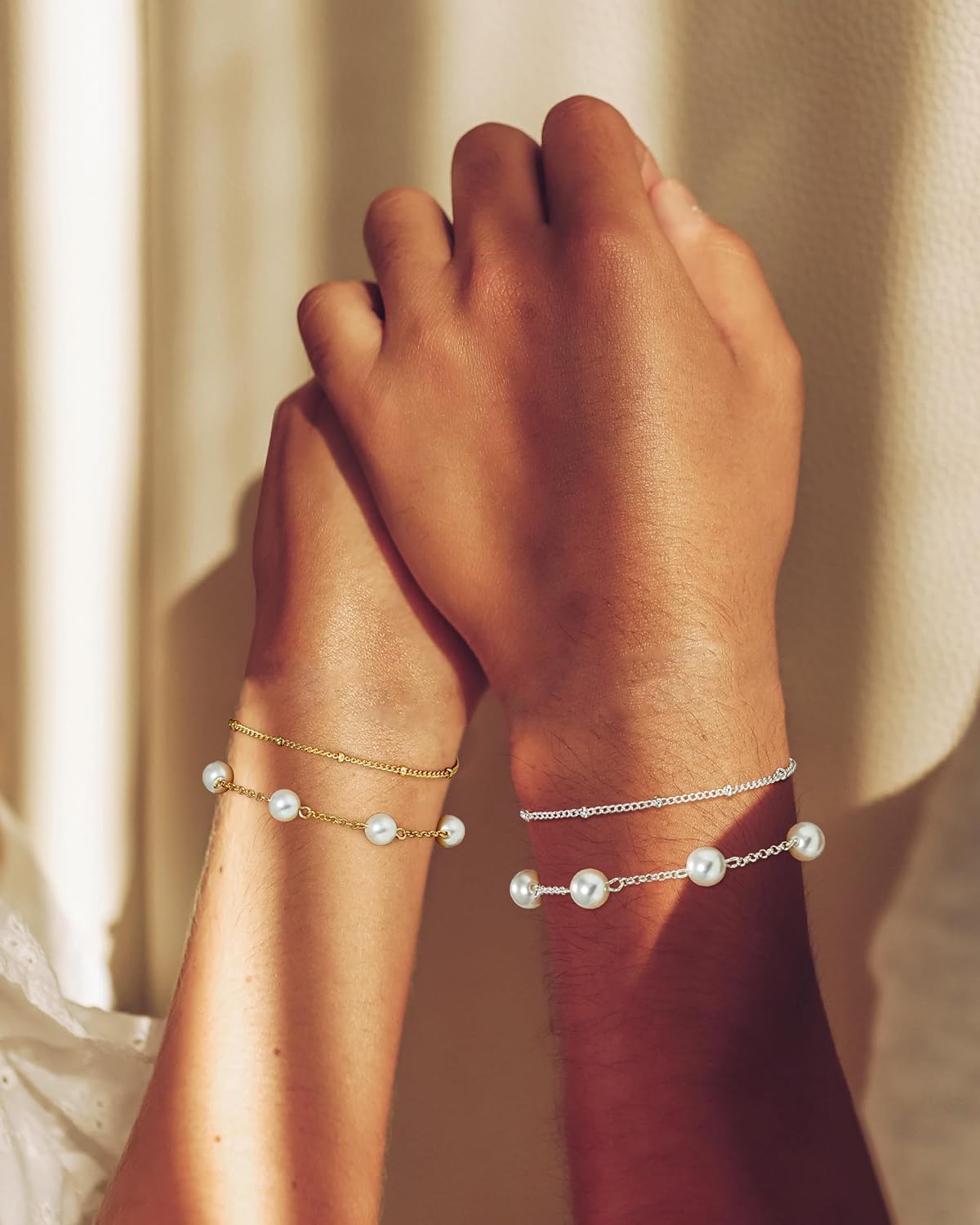 TEN MIRO Silver Pearl Bracelets for Women,Silver and Pearl bracelet Dainty Simple Pearl Bracelet for Womens Non Tarnish Layered Pearls Bracelets for Women - Image 6