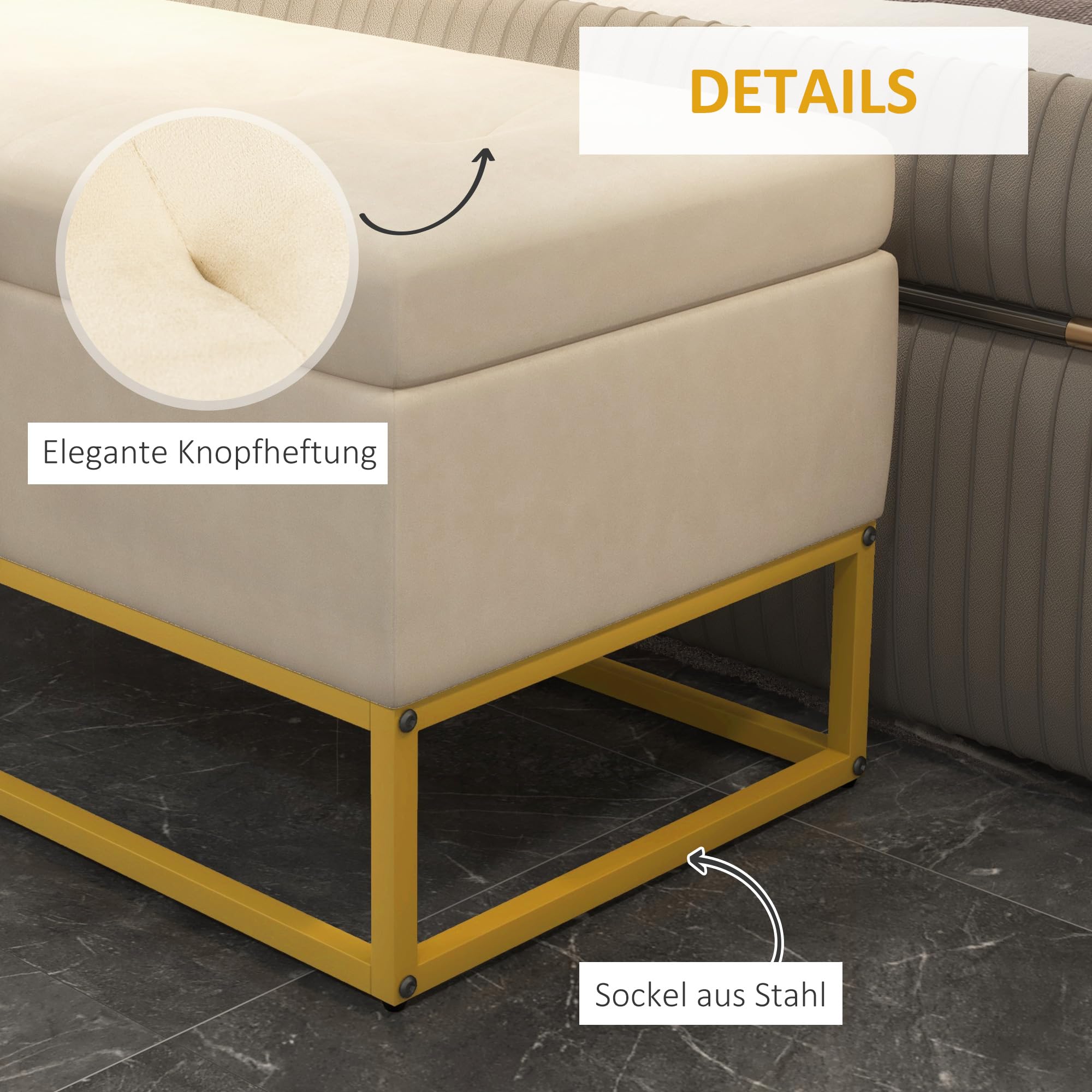 HOMCOM Sitzbank mit Stauraum Klappdeckel Sitztruhe Beige 110 x 44 x 49 cm | Gepolstert, Samtoptik, Polsterbank, Bettbank, Truhenbank mit Stahlbeine, Für Wohnzimmer, Schlafzimmer