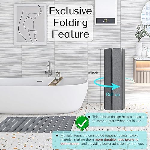 Miniatura 3 de Cuckan Paquete de 2 tapetes de baño plegables de piedra para baño, súper absorbentes, de tierra de diatomeas, de secado rápido, tapetes de secado