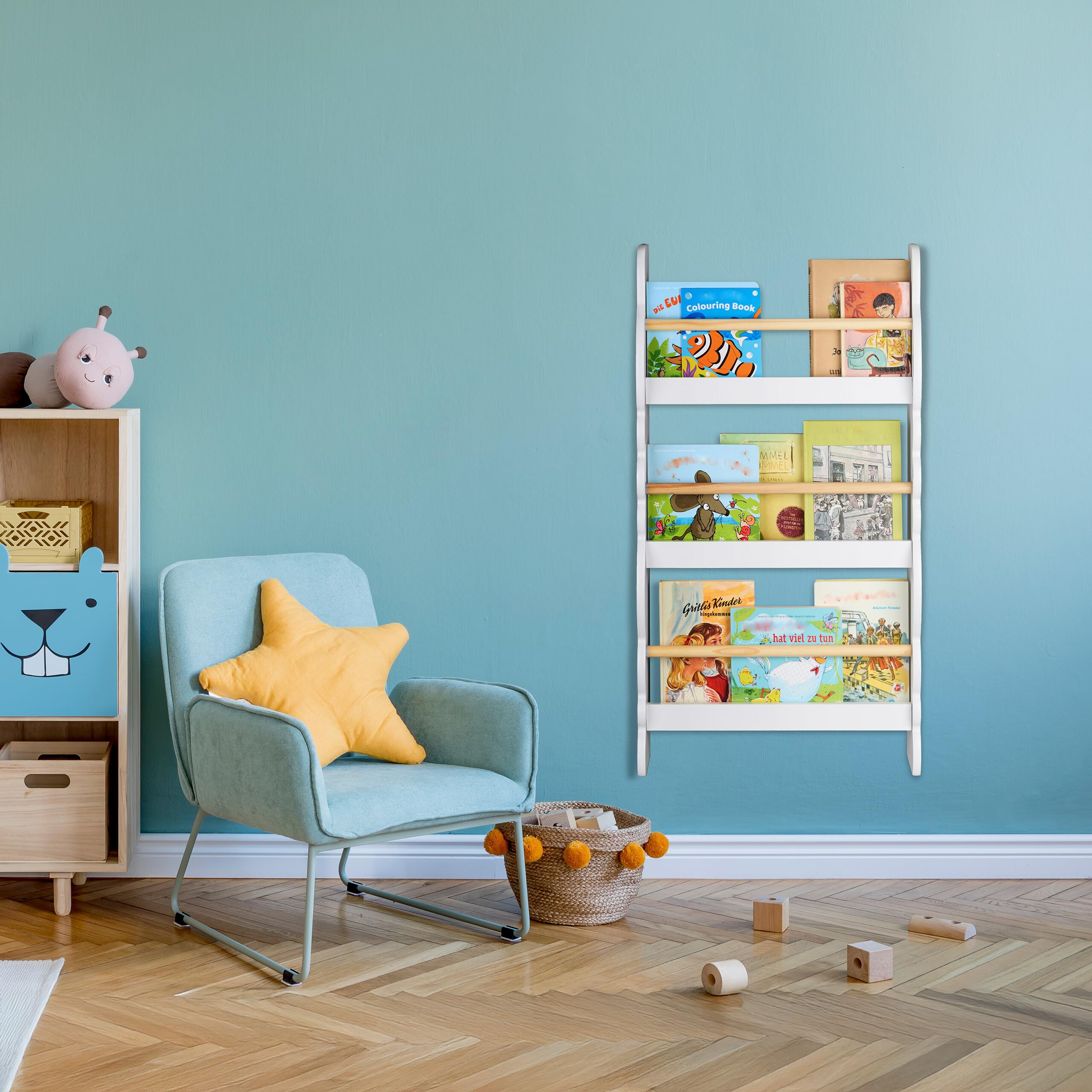 Relaxdays Rangement pour la Chambre de Votre Enfant, Montage Mural, H x L x P : 80 x 42,5 x 14 cm, Blanc et Nature