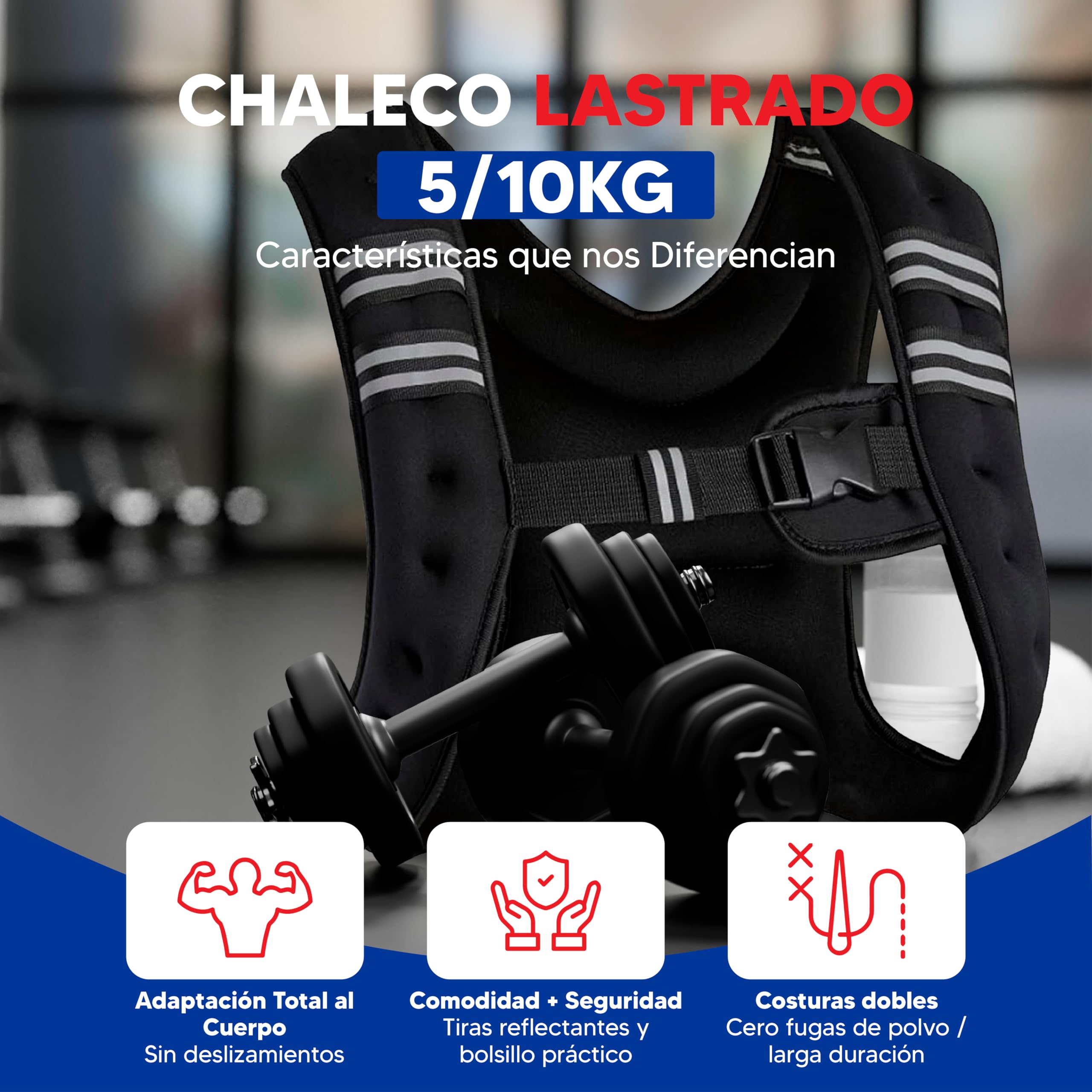 Chaleco Lastrado de 5/10Kg con Tira Elástica y Hebilla Regulable para Entrenamiento de Fuerza en Gimnasio o Casa - Chaleco Pesa Entrenamiento para Cossfit, Cardio – Chaleco Lastrado con Bolsillos